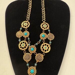 Elegant Gold and Turquoise Necklace Bohemian Charming Charlie C27